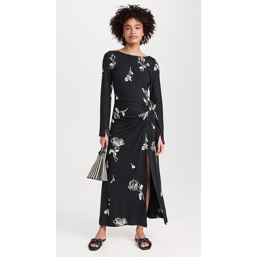 Free People Love and Be Loved Midi Black Floral Ruched Side Slit Dress Sie M